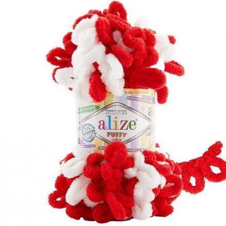 Пряжа Alize PUFFY COLOR 6574 красный/белый (5 мотков)