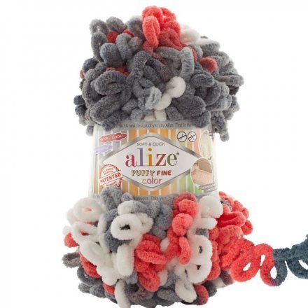 Пряжа Alize PUFFY FINE COLOR 6518 бел/коралл/сер (5 мотков)