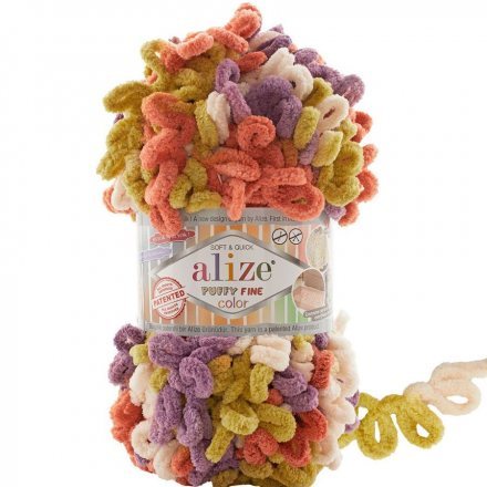 Пряжа Alize PUFFY FINE COLOR 6519 салат/сирен/св.оранж (5 мотков)