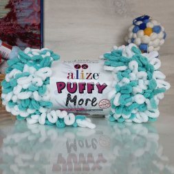 Пряжа Alize PUFFY MORE 6513 мятный/белый (2 мотка)