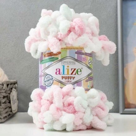Пряжа Alize PUFFY COLOR 6052 мята/роз/белый (5 мотков)