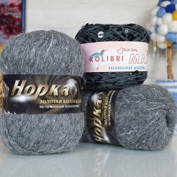 Пряжа M&amp;h НАБОР ПУХ НОРКИ И ПАЙЕТКИ 27 т.серый (3 мотка)